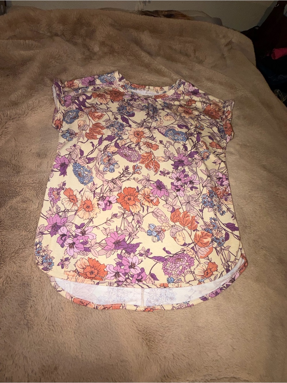 Cupio Cream Floral Short Sleeve Top with Purple & Orange Blooms